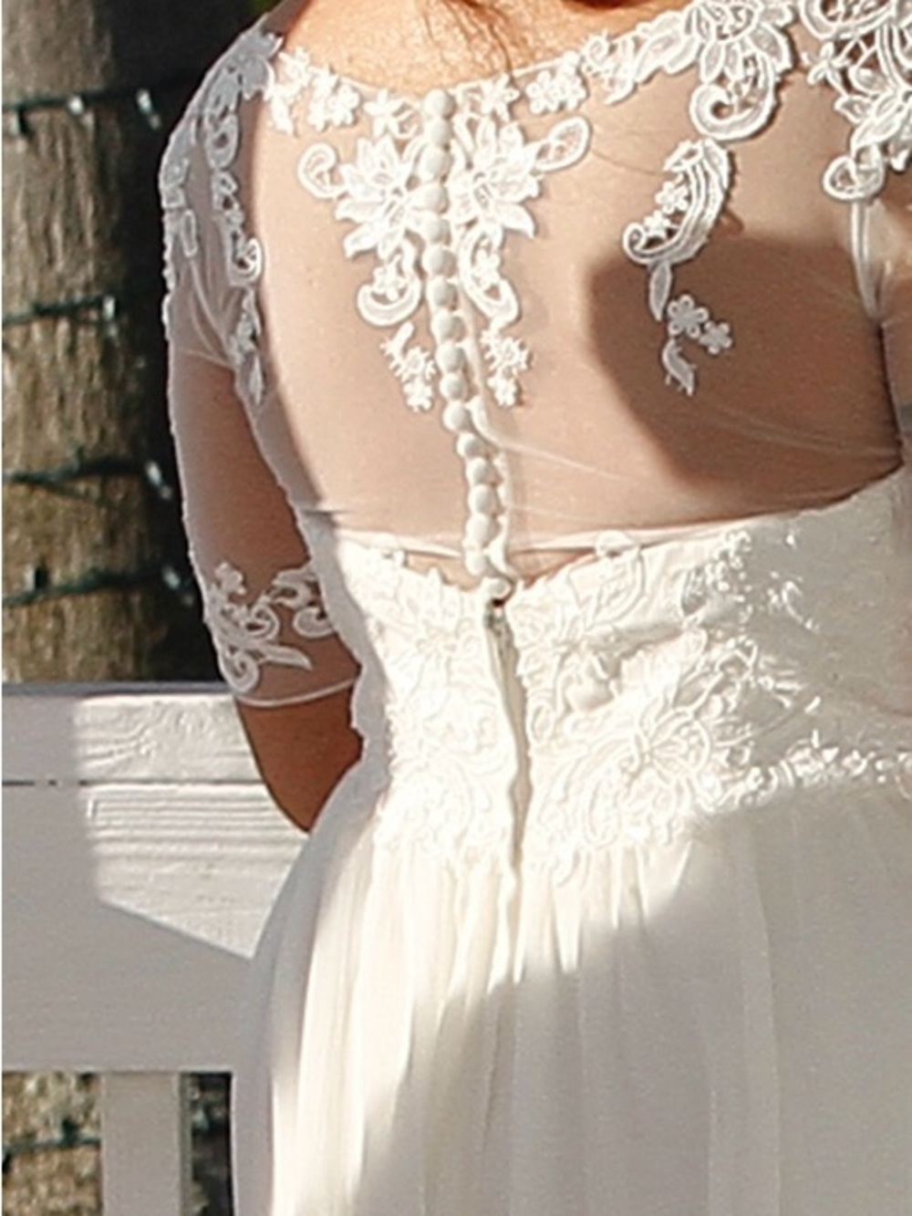 David's Bridal Ivory Lace-Illusion Back Chiffon Wedding Dress